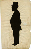 Full-length positive cut silhouette of Moses Cohen Mordecai (1804-1888). He is portrayed with a short beard extending from his chin and wearing a coat and top hat.