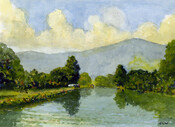 Landscape of the C&O Canal as viewed from the water. Blue mountains are seen in the background under a cloudy blue sky. Green grass and trees flank the water on either side. A small group of people stand on the bank in the distance,