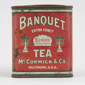 Tea tin labelled "Banquet/ Extra Fancy/ Blended/ (Green and Black)/ Tea/ McCormick & Co./ Baltimore, U.S.A." For decades, Baltimore's McCormick and Co. has been synonymous with tea and spices. The company began selling tea in 1905 and became one of the earliest producers of tea bags. By the 1940s, McCormick owned numerous brands and distribution…