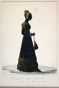 Full-length silhouette of Margaretha Elizabeth Schroder (Mrs. Jacob Albert) made January 11, 1804. The black silhouette has been embellished with gold details including her hair and the trim of her dress.