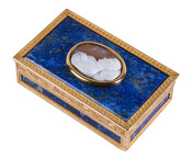 The cameo on the lid of this lapis lazuli snuff box is of Jerome Bonaparte. According to the donor files, it was given to Jerome Napoleon by his Uncle Louis, King of Holland. Jerome may, in turn, have given it to Bo when they met in the 1820s.