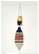 Octagonal reticule with hinged lid and exterior floral decorative motif, two attached metal tassels. Contains interior glass perfume flask with separate stopper. Blue, cream and red woven cotton bag with steel bead decoration. Gold colored metal link handle attached to finger ring.