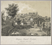 Print depicting the Patapsco Female Institute, a girls' boarding school located on Church Road in Ellicott City, Maryland. The building was designed by architect Robert Cary Long (1810-1849) and built by Charles Timanus. The driving force behind the school was Almira Hart Lincoln Phelps (1793-1884), a scientist, educator, author, and editor. She designed the school…