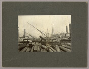 A group of people survey the steamship "Hudson," which lays on its side at the shipyards in Baltimore, Maryland. The steamship "Kitty Knight" is also visible in the background. The “Hudson” was a 1900-ton steamer owned by Baltimore’s Merchants & Miners Steamship Company. While being repaired in the William Skinner & Sons Shipbuilding and Drydock…