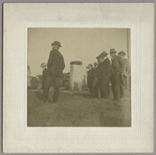 A group of figures gathered around the newly unveiled monument at Caulk's Field in Kent County, Maryland. Located on Caulk's Field Road between Fairlee and Tolchester, the monument was installed by local citizens in order to commemorate the Battle of Caulk's Field. This battle was fought during the War of 1812 between a small British…