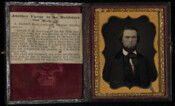 Daguerreotype portrait of Sumner Henry Needham (1828-1861), a member of the 6th Massachusetts Regiment and a victim of the Pratt Street Riot of 1861. A native of Bethel, Maine, he was living in Lawrence, Massachusetts in 1861 when his militia regiment was dispatched to Washington, D.C. to aid in the defense of the nation's capital…