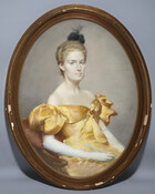Large oval pastel on canvas portrait of Margaret Lavens Gregg Pennington (1860-1952) (Mrs. William Clapham Pennington) (later Mrs. Randolph Mordecai), by brother-in-law from her first marriage, and known Baltimore artist, Robert Goodloe Harper Pennington (1854-1920). She wears a gold dress, revealing her shoulders. Margaret was born in Baltimore in 1860. Her father John Gregg was…