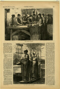 Page 221 from the March 16, 1872 Supplement of Harper's Weekly. The page features two images, entitled “Mine Oyster — Canning" and "Mine Oyster — Filling with Liquor," that depict women working at an oyster canning facility.