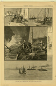 Prints depicting oystering scenes in the Chesapeake Bay, from page 26 of Harper's Weekly (vol. 28, no. 1412). Captions on each scene read (from top left to bottom), "The pirates attacking the police schooner 'Julia Hamilton,'" "'I demand the surrender of Sylvester Cannon'," "Pirates dredging at night," and "The Maryland police steamers chasing the pirate…