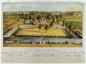 Colored print of Baltimore, Maryland's Lafayette Square. Camp Hoffman was established on the site in 1861, and the barracks were in use for the next four years by several Maryland regiments. Regiments from other states were stationed there as well, including the 151st Regiment of New York Volunteers, whose members' names are listed beneath this…
