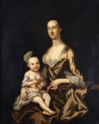 Three-quarter length portrait shows Eleanor Carroll (1731-1763) as a young woman in brown silk dress with white lace at bodice and cuffs. She holds the infant Daniel Carroll III (1752-1790) in her lap. The infant wears a white cap with blue band, draped in loose white fabric, and white sleeves, and holds silver bells and…
