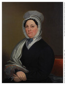 Half-length portrait of Mrs. Michael Warner (nee Anna Maria Beckley) by James L. Wattles. Warner is pictured seated wearing a white bonnet with dark hair underneath. A white shawl is draped over the right shoulder of her black dress, cascading down to her white lace cuffs and her hands which are placed in her lap.