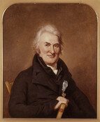 Half-length portrait of Allen McLane, Jr. (1746-1829) by Charles Wilson Peale (1741-1827). McLane is pictured with white wispy hair, wearing black jacket and vest, white stock, and Order of Cincinnati medal. Holding Revenue Laws 1818 in hand, he is seated on painted chair.