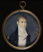 Miniature circular portrait of Francis Scott Key (1779-1843) as an older child. He is pictured with wavy light brown hair wearing a black coat with white shirt and stock before a blue-gray background.