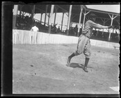 Laymon Samuel Yokely (1906-1975) throwing a baseball at Maryland Park stadium in Baltimore, Maryland. Yokely was a pitcher in the Negro leagues and played for the Baltimore Black Sox from 1926 to 1933 and for the Baltimore Elite Giants in 1944. He was considered the ace pitcher for the Black Sox in his years with…