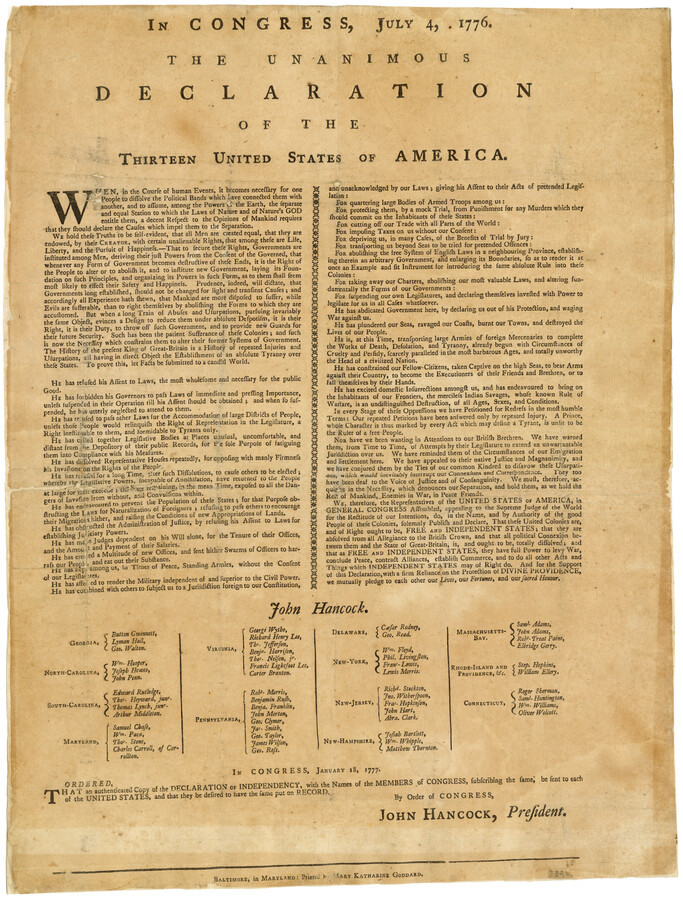 In Congress, July 4, 1776. The unanimous declaration of the thirteen United States of America