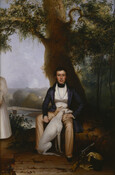 Oil on canvas painting of John Pendleton Kennedy (1795-1870) with a Greyhound dog named Lightfoot and woman in a white dress, 1831, by William James Hubard. Kennedy was born in Baltimore and graduated from Baltimore College in 1812. During the War of 1812, he joined "United Company", 5th Baltimore Light Dragoons, Maryland Militia, and participated…