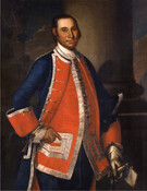 Three-quarter length portrait of Colonel Edward Fell (1736-1766) He is portrayed wearing a bright red waistcoat and blue coat with red facings and white satin trim. His right hand is placed on his hip, while his left gloved hand holds the hilt of a sword. Fell served as a colonel in Maryland’s Provincial Army during…