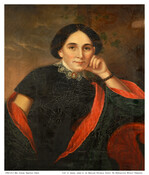 Half-length seated portrait of Mrs. Edward Armistead Owens with her head resting on her hand. Her dark hair is parted in the middle and pulled back. She wears a black short-sleeved dress with high neckline and a lace collar underneath a black coat with a bright red satin lining as she sits upon a red…