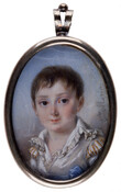 Bust-length, three-quarter view miniature portrait of Napoleon Camerata (1826-1853) as young boy with short brown hair, facing left with head and eyes forward. He wears a white shirt with a blue sash at the waistline and gold trim on the sleeves. Verso transcription: Napoleon Camerata