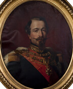 Half-length portrait shows Napoleon III (Charles-Louis Napoléon Bonaparte) (1808-1873), with moustache and goatee in royal/military blue uniform.