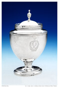Covered galleried sugar basin. Lid has rim and three-dimensional finial. Engraved with initials "EP" and the Patterson coat of arms.