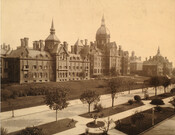A view of the exterior of the Johns Hopkins Hospital, facing Broadway in Baltimore, Maryland. The hospital was designed by the Boston, Massachusetts architectural firm of Cabot and Chandler which completed initial plans prepared by architect John Niernsee. Completed in 1889, it was, at the time, the largest hospital in the United States.