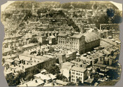 View of Baltimore, Maryland, looking northwest from the steeple of the First Presbyterian Church and Manse located at the corner of West Madison Street and Park Avenue. The construction of this Baltimore landmark, a notable example of Gothic Revival architecture, was begun about 1854 by Nathan Starkweather (1818-1909) and completed by his assistant Edmund G.…