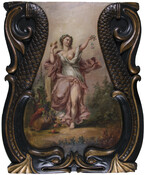 Painted fire engine panel featuring an allegorical scene of a woman in classical garb with lavender and light blue colors, with flowers in her hair and surrounding her. She raises proper her left hand in a gesture of blessing. The lower section of a marble column and two doves appear in background at right, with…
