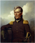 Half-length portrait shows Andrew Jackson (1767-1845) as a man with short gray hair parted on the left. He is wearing a brown coat with a high collar and gold epaulettes. The gold handle of his sword is visible at lower right. He rests proper right elbow on a low gray wall, his right hand gloved.…