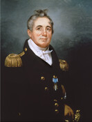 This portrait features Commodore Joshua Barney (1759-1818) of the American Navy who served in both the Revolutionary War and in the War of 1812. Barney is depicted as an older man with a tuft of gray hair wearing his naval uniform consisting of a white stock underneath a black jacket with gold epaulets and buttons…