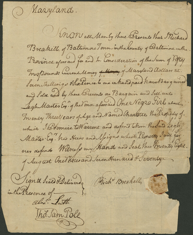 Bill of sale for Charlotte, an enslaved person