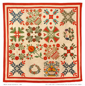Baltimore album quilt typical to the style with appliqued motifs in a grid of 16 blocks surrounded by a red and white striped border. Motifs include wreaths and baskets of flowers.